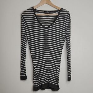 Mango‎ Basics Olive and White Striped V-Neck Sweater Size S